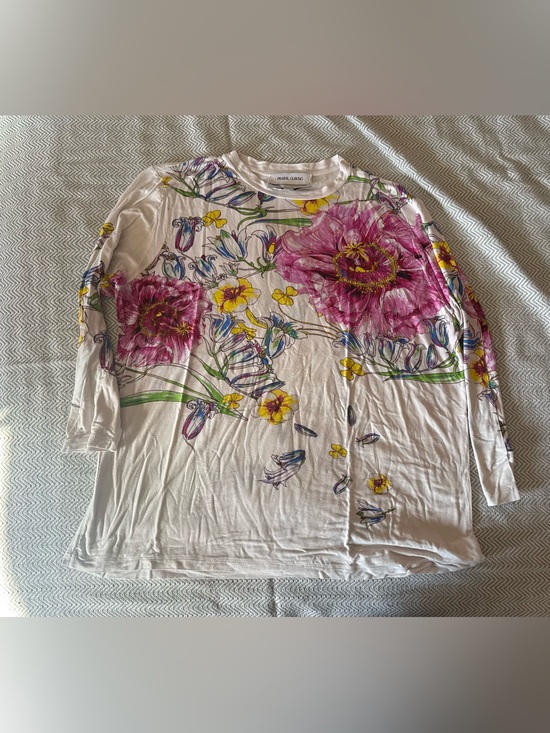 Prabal Gurung Cream Tee with Pink Yellow & Green Floral Print Size L